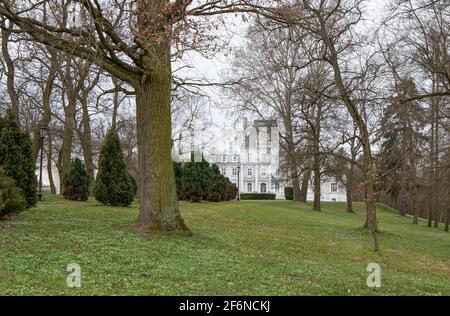 Palast und Park in Zakrzewo, Provinz Wielkopolska. Winterlandschaft, Frühfrühling. Stockfoto