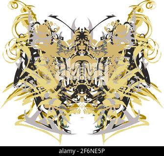 Furchterregende Schmetterlingsflügel, golden, spritzt auf das Weiß. Ornamentale schreckliche goldene und graue Schmetterlingsflügel mit gewirbelten floralen Elementen für Tapeten Stockfoto