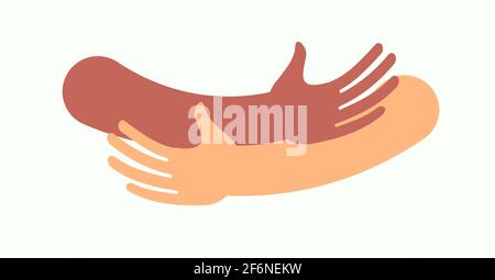 Menschliche Umarmungen umarmende Hände Unterstützung und Liebe Symbol umarmte Arme Umfang Silhouette Einheit und Wärme Gefühl, flache Vektor-Illustration Stock Vektor