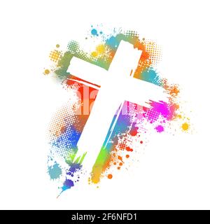 Mehrfarbiger Kreuzverfärbungen. Kreuz aus Regenbogenblots. Frohe Ostern. Vektorgrafik Stock Vektor