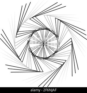 Radiales, abstraktes, strahlendes Motiff, Icon, Mandala-Element. Verzerrte, verformte, wellige, kreisförmige Linien im Zickzack-Muster. Zusammenführen, Kreuz und quer Stock Vektor