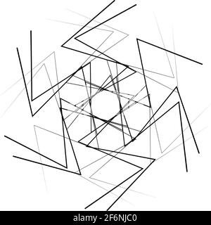 Radiales, abstraktes, strahlendes Motiff, Icon, Mandala-Element. Verzerrte, verformte, wellige, kreisförmige Linien im Zickzack-Muster. Zusammenführen, Kreuz und quer Stock Vektor