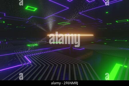 3d-Rendering-Technologie Hintergrund Mikrochip High-Tech-Zukunft High-Speed-CPU-Motherboard. Dunkle Neon-Hintergrund Stockfoto