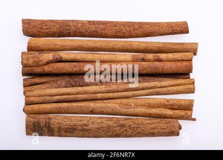 Zimtstangen, klassische Würze aus der inneren Rinde tropischer asiatischer Bäume, würzig und aromatisch zum Kochen, Backen, für gesunde Ernährung und medizinische Zwecke Stockfoto