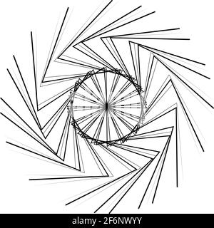 Radiales, abstraktes, strahlendes Motiff, Icon, Mandala-Element. Verzerrte, verformte, wellige, kreisförmige Linien im Zickzack-Muster. Zusammenführen, Kreuz und quer Stock Vektor