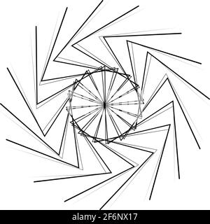 Radiales, abstraktes, strahlendes Motiff, Icon, Mandala-Element. Verzerrte, verformte, wellige, kreisförmige Linien im Zickzack-Muster. Zusammenführen, Kreuz und quer Stock Vektor
