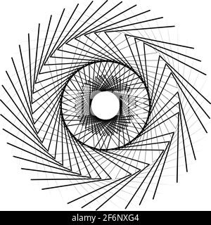 Radiales, abstraktes, strahlendes Motiff, Icon, Mandala-Element. Verzerrte, verformte, wellige, kreisförmige Linien im Zickzack-Muster. Zusammenführen, Kreuz und quer Stock Vektor