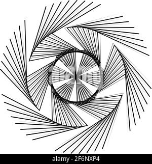 Radiales, abstraktes, strahlendes Motiff, Icon, Mandala-Element. Verzerrte, verformte, wellige, kreisförmige Linien im Zickzack-Muster. Zusammenführen, Kreuz und quer Stock Vektor