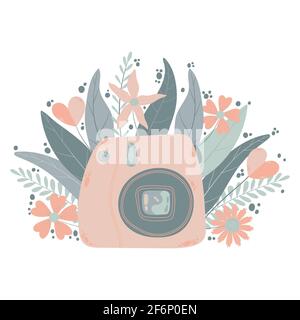 Niedliche bunte Instant-Fotokamera mit flacher Cartoon-Optik. Vektor handgezeichnete Kompaktkamera mit floraler Illustration mit Pastellfarben. Stock Vektor