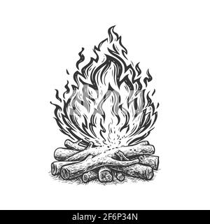 Lagerfeuerskizze. Kamin, Flamme und brennendes Feuerholz handgezeichnete Vektor-Illustration Stock Vektor