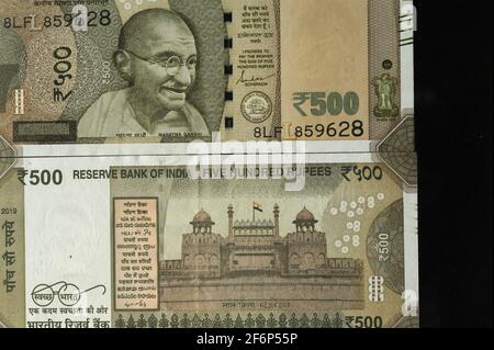 Mumbai Indien Asien März 20 2021 Reserve Bank of india Gesicht von Mahatma Gandhi auf fünfhundert Rupien neuen Banknoten 500 Rupien indische Währung Stockfoto