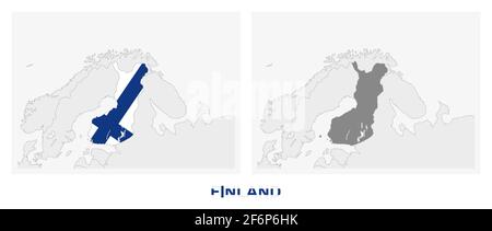 Zwei Versionen der Karte von Finnland, mit der Flagge von Finnland und in dunkelgrau hervorgehoben. Vektorkarte. Stock Vektor