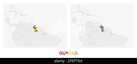 Zwei Versionen der Karte von Guyana, mit der Flagge von Guyana und dunkelgrau hervorgehoben. Vektorkarte. Stock Vektor
