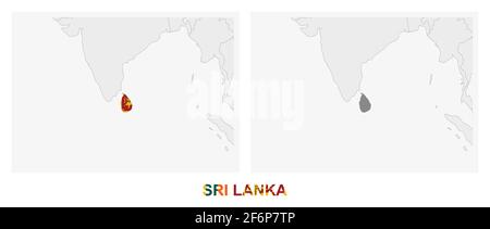 Zwei Versionen der Karte von Sri Lanka, mit der Flagge von Sri Lanka und dunkelgrau hervorgehoben. Vektorkarte. Stock Vektor