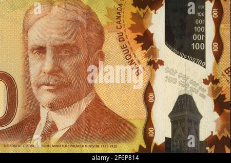 Robert Borden Portrait aus Kanada 100 Dollars 2011 Polymer Banknoten Eine alte Polymer Banknote Vintage Retro berühmte alte Banknoten Sammlung Stockfoto