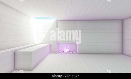 Innenraum des weißen modernen leeren Saals mit Kamin und violetter Flamme, 3D-Rendering Stockfoto