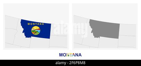 Zwei Versionen der Karte des US-Bundesstaates Montana, mit der Flagge von Montana und dunkelgrau hervorgehoben. Vektorkarte. Stock Vektor