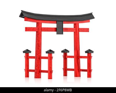 Japanische gateway Torii isoliert auf weißem Hintergrund, 3D-Rendering Stockfoto