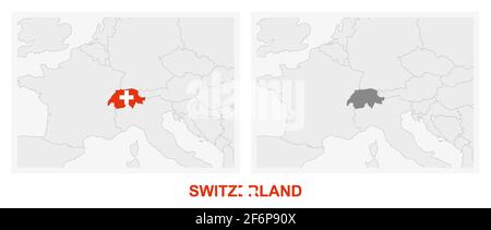 Zwei Versionen der Karte der Schweiz, mit der Flagge der Schweiz und dunkelgrau hervorgehoben. Vektorkarte Stock Vektor