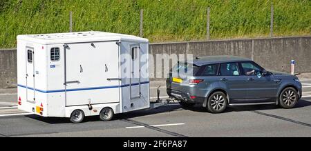 Blick von oben auf den grauen Range Rover und Fahrer Abschleppen eines seitlich beladungsbestüickers mit weißem Pferdekuttel für Tiertransporte Auf der Autobahn M25, Essex England, Großbritannien Stockfoto