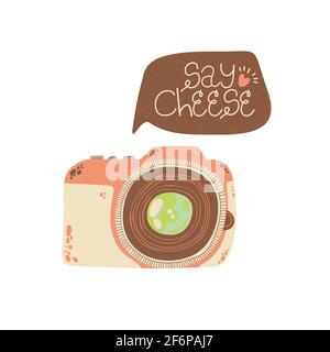 Niedliche dslr-Fotokamera mit Sprechblase mit Zitat Say Cheese im flachen Cartoon-Stil. Vektor handgezeichnete Kamerabillustration auf weißem Hintergrund mit Stock Vektor