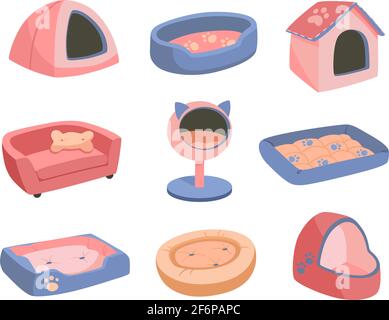 Ein Satz von Betten für ein Haustier, einen Hund oder eine Katze. Flache Vektordarstellung von Waren für Tiere. Objekte isoliert auf weißem Hintergrund, Cartoon-Stil. Violette, rosa, goldene Farben. Stock Vektor