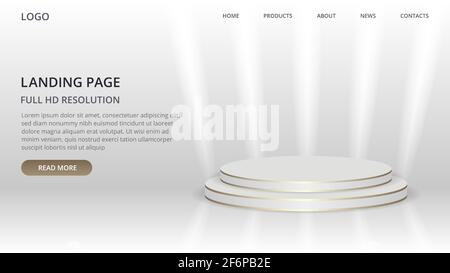 Vorlage für die Landing-Page-Website mit einer runden Szene für das Produkt. Podium in weißem Hintergrund mit goldenen Linien und hellen Lichtern. Vektorgrafik Konzept Stock Vektor