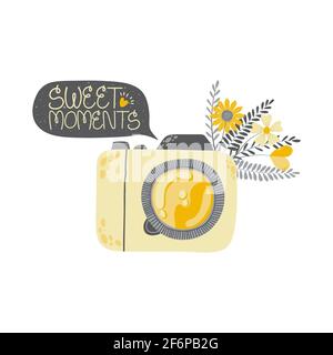 Niedliche dslr-Fotokamera mit Blumen und Blatt mit Sprechblase mit Zitat süße Momente in flachen Cartoon-Stil. Vektor handgezeichnete Illustration von kam Stock Vektor