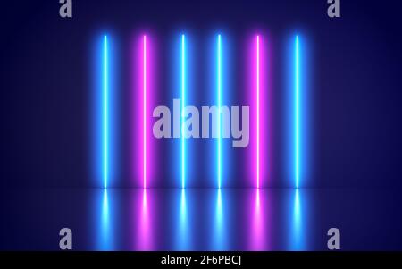 Futuristische abstrakt Blau und Lila Neon Line Lichtformen auf buntem Hintergrund und reflektierend - Rendering, Lasershow, Nachtclub Innenbeleuchtung, glo Stockfoto