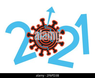 Jahr 2021, Lösung der Coronavirus-Pandemie. Coronavirus Symbol Labyrinth, Lösung Ausweg Konzept.isoliert auf weißem Hintergrund. Stock Vektor