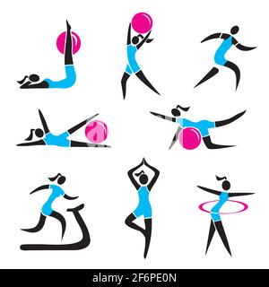 Fitness-Symbole, Frauen üben Übung. Sammlung von neun farbenfrohen Symbolen für Sport und gesunde Lebensweise. Vektor verfügbar. Stock Vektor
