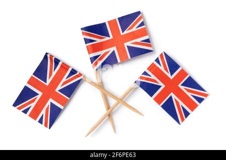 Miniatur britische Flagge Cocktail-Sticks isoliert auf weißem Hintergrund schließen Nach oben Stockfoto