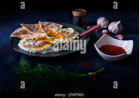 Schale mit Türkischen Cilbir Eier, Joghurt, pochierte Eier, Knoblauch, Chili, frischer Dill und zerlassener Butter. Verziert mit wenigen Stücke von lavash Brot ein Stockfoto