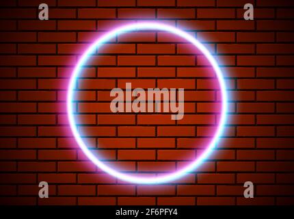 Neonrahmen mit Kreisform an der roten Ziegelwand. Klassisches rund 80s gestylt glänzend leuchtenden Neon-Schild. Stock Vektor