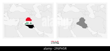 Zwei Versionen der Irakkarte, mit der Flagge des Irak und dunkelgrau hervorgehoben. Vektorkarte. Stock Vektor