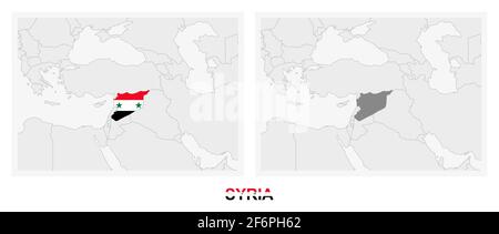 Zwei Versionen der Karte von Syrien, mit der Flagge von Syrien und in dunkelgrau hervorgehoben. Vektorkarte. Stock Vektor