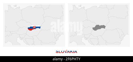 Zwei Versionen der Karte der Slowakei, mit der Flagge der Slowakei und in dunkelgrau hervorgehoben. Vektorkarte. Stock Vektor