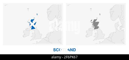 Zwei Versionen der Karte von Schottland, mit der Flagge von Schottland und dunkelgrau hervorgehoben. Vektorkarte. Stock Vektor