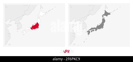 Zwei Versionen der Karte von Japan, mit der Flagge von Japan und dunkelgrau hervorgehoben. Vektorkarte. Stock Vektor