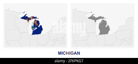 Zwei Versionen der Karte des US-Bundesstaates Michigan, mit der Flagge von Michigan und dunkelgrau hervorgehoben. Vektorkarte. Stock Vektor