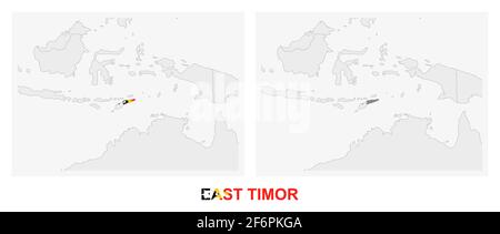 Zwei Versionen der Karte von Ost-Timor, mit der Flagge von Ost-Timor und dunkelgrau hervorgehoben. Vektorkarte. Stock Vektor