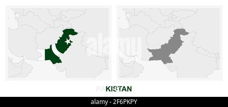 Zwei Versionen der Karte von Pakistan, mit der Flagge Pakistans und dunkelgrau hervorgehoben. Vektorkarte. Stock Vektor