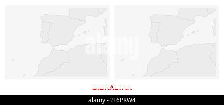 Zwei Versionen der Karte von Gibraltar, mit der Flagge von Gibraltar und dunkelgrau hervorgehoben. Vektorkarte. Stock Vektor