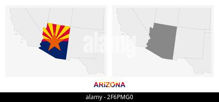 Zwei Versionen der Karte des US-Bundesstaates Arizona, mit der Flagge von Arizona und dunkelgrau hervorgehoben. Vektorkarte. Stock Vektor