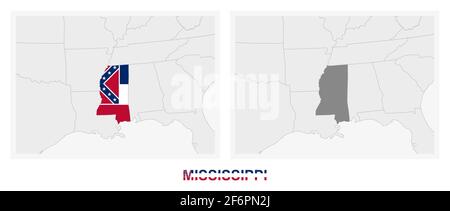 Zwei Versionen der Karte des US-Bundesstaates Mississippi, mit der Flagge von Mississippi und dunkelgrau hervorgehoben. Vektorkarte. Stock Vektor