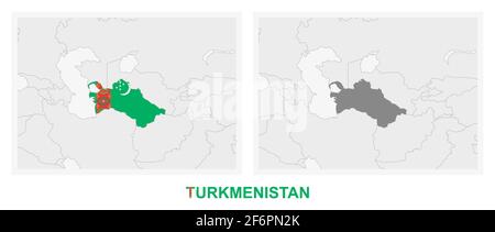 Zwei Versionen der Karte von Turkmenistan, mit der Flagge von Turkmenistan und dunkelgrau hervorgehoben. Vektorkarte. Stock Vektor