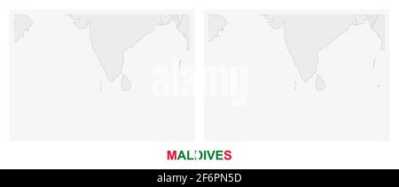 Zwei Versionen der Karte der Malediven, mit der Flagge der Malediven und dunkelgrau hervorgehoben. Vektorkarte. Stock Vektor