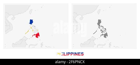 Zwei Versionen der Karte der Philippinen, mit der Flagge der Philippinen und dunkelgrau hervorgehoben. Vektorkarte. Stock Vektor