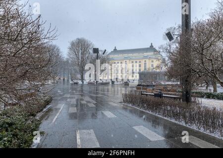 Tallinn, Estland, 18. März 2021: Tammsaare Park in Tallinn in einem Schneesturm Stockfoto