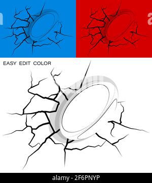 Ball für Rugby traf die Wand kraftvoll und beschädigt, Risse an der Wand. Sportliches Design. Aktiver Lebensstil. Vektor auf weißem oder farbigem Hintergrund mit crac Stock Vektor